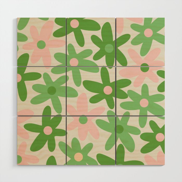 Flower Market Valencia Cute Retro Modern Floral Lime Green and Light Pink Wood Wall Art Gallery Image 1
