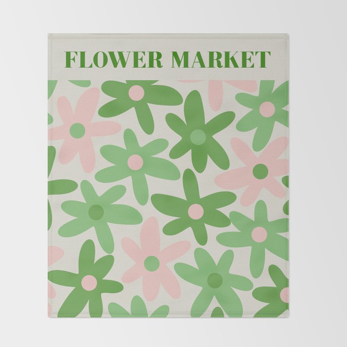 Flower Market Valencia Cute Retro Modern Floral Lime Green and Light Pink Throw Blanket Gallery Image 2