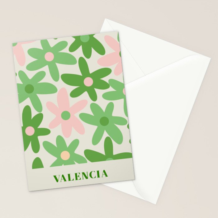 Flower Market Valencia Cute Retro Modern Floral Lime Green and Light Pink Stationery Card Gallery Image 2