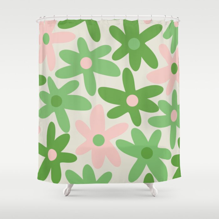 Flower Market Valencia Cute Retro Modern Floral Lime Green and Light Pink Shower Curtain Gallery Image 1
