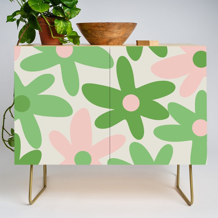 Flower Market Valencia Cute Retro Modern Floral Lime Green and Light Pink Credenza Gallery Image 1