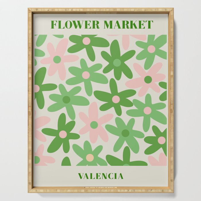 Flower Market Valencia Cute Retro Modern Floral Lime Green and Light Pink Serving Tray Gallery Image 1