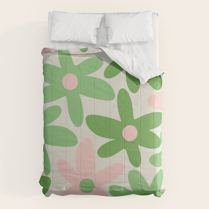 Flower Market Valencia Cute Retro Modern Floral Lime Green and Light Pink Comforter Gallery Image 6