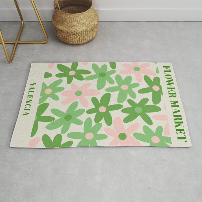 Flower Market Valencia Cute Retro Modern Floral Lime Green and Light Pink Rug Gallery Image 1