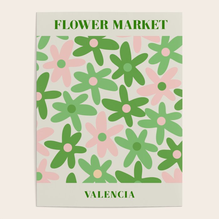 Flower Market Valencia Cute Retro Modern Floral Lime Green and Light Pink Poster Gallery Image 1