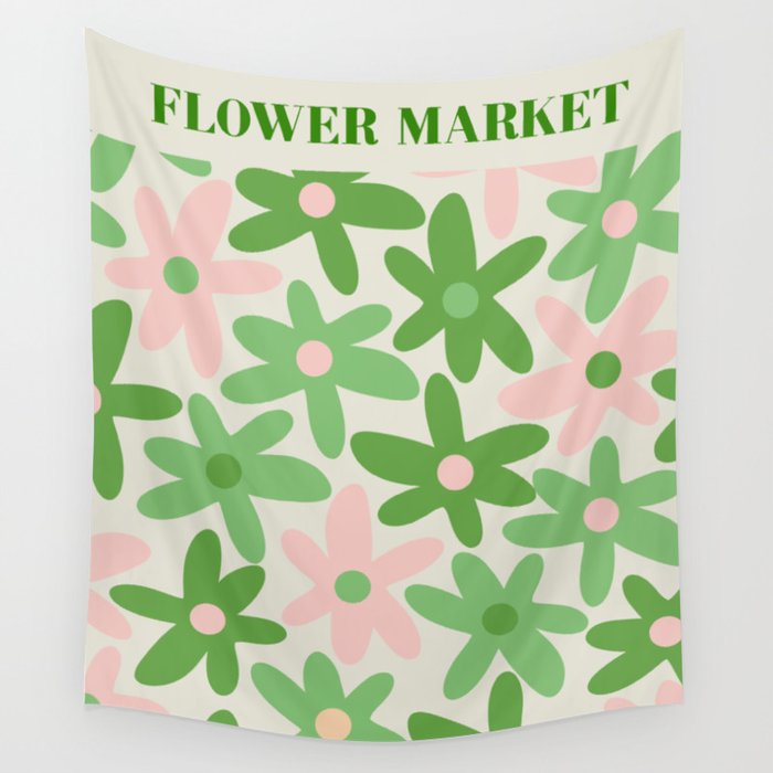 Flower Market Valencia Cute Retro Modern Floral Lime Green and Light Pink Wall Tapestry Gallery Image 1