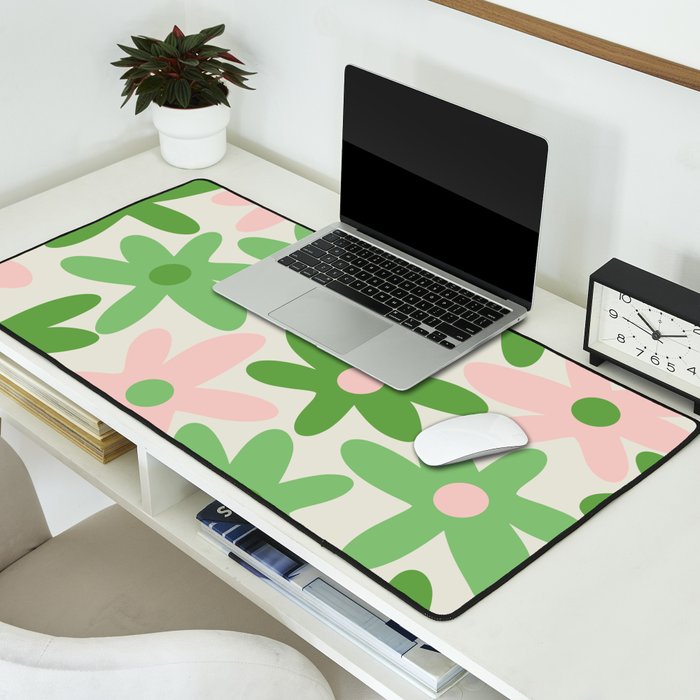 Flower Market Valencia Cute Retro Modern Floral Lime Green and Light Pink Desk Mat Gallery Image 2