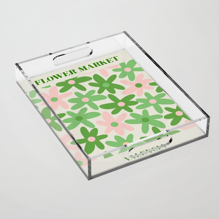 Flower Market Valencia Cute Retro Modern Floral Lime Green and Light Pink Acrylic Tray Gallery Image 1