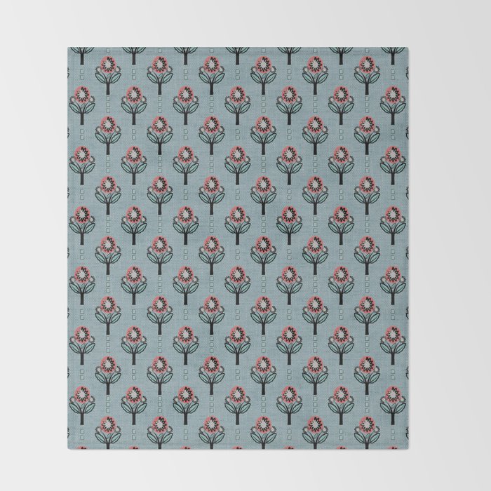 Blockprint Blooms on light blue Throw Blanket Gallery Image 2