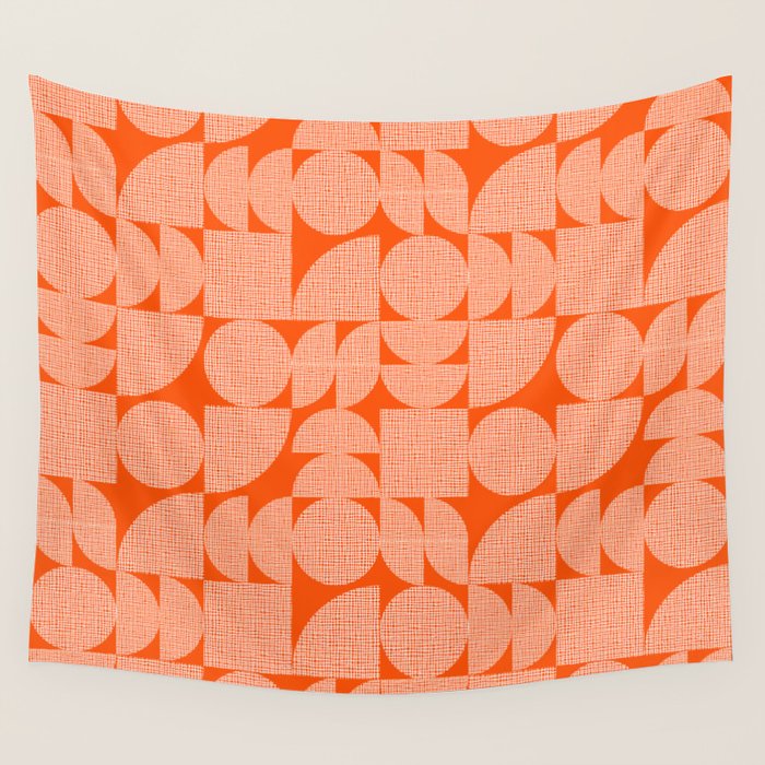 Mid Century Modern Geometric Textured Shapes Orange And White Wall Tapestry Gallery Image 4
