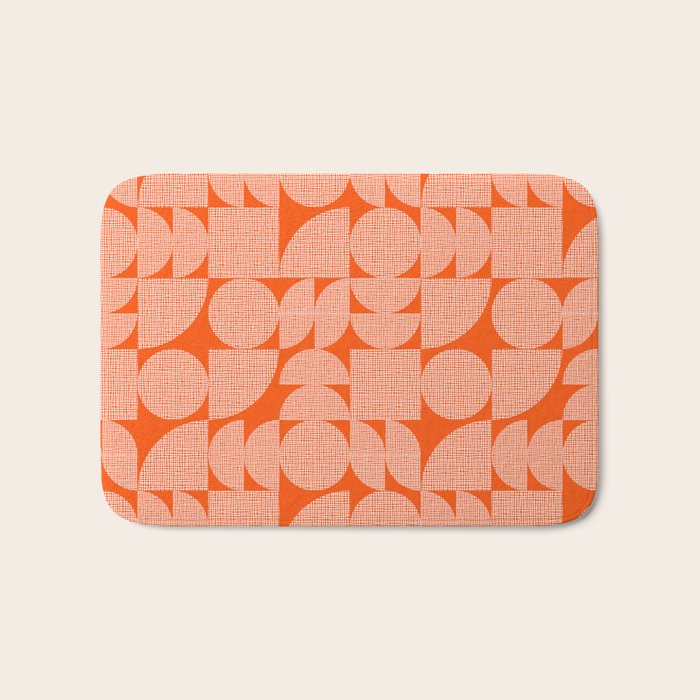 Mid Century Modern Geometric Textured Shapes Orange And White Bath Mat Gallery Image 1