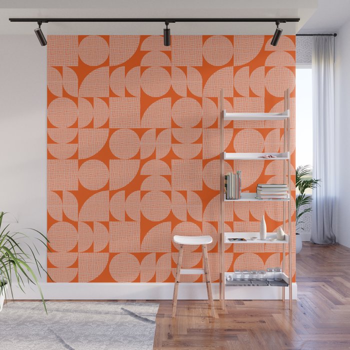Mid Century Modern Geometric Textured Shapes Orange And White Wall Mural Gallery Image 1