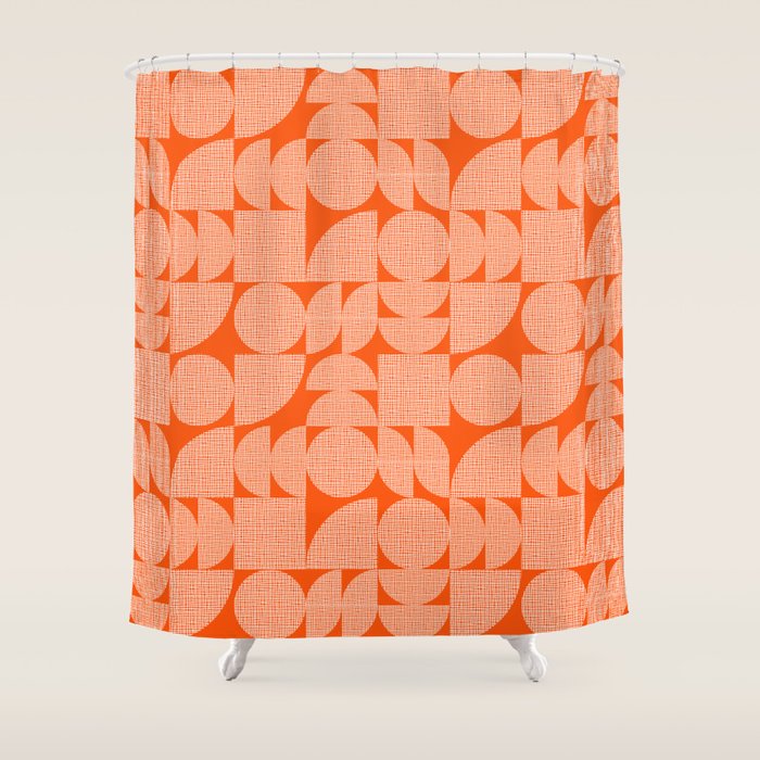 Mid Century Modern Geometric Textured Shapes Orange And White Shower Curtain Gallery Image 1