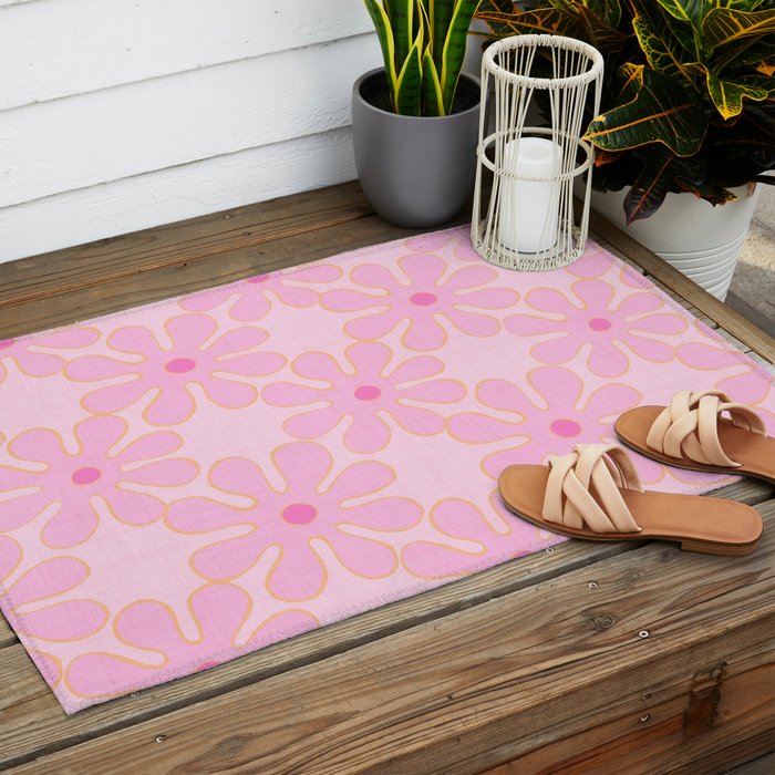 Pink Floral 70s Style Groovy Flowers Outdoor Rug Gallery Image 2