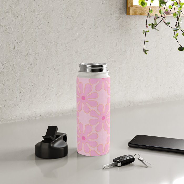 Pink Floral 70s Style Groovy Flowers Water Bottle Gallery Image 4