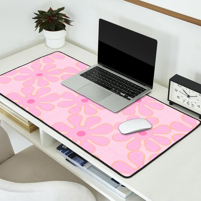 Pink Floral 70s Style Groovy Flowers Desk Mat Gallery Image 2