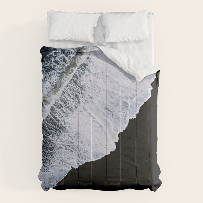 Waves crashing on a black sand beach â Minimal Landscape Photography Comforter Gallery Image 1