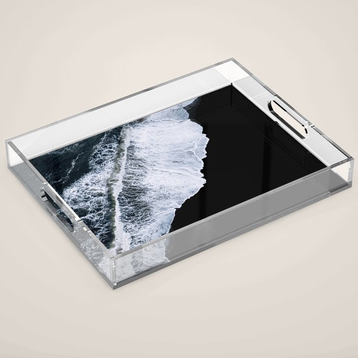 Waves crashing on a black sand beach - Minimal Landscape Photography Acrylic Tray Gallery Image 1