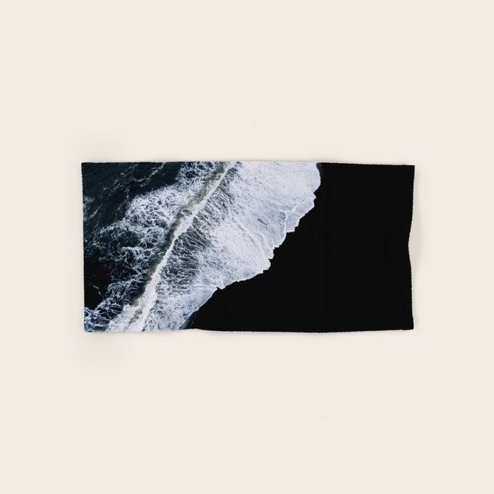 Waves crashing on a black sand beach - Minimal Landscape Photography Bath Towel Gallery Image 1