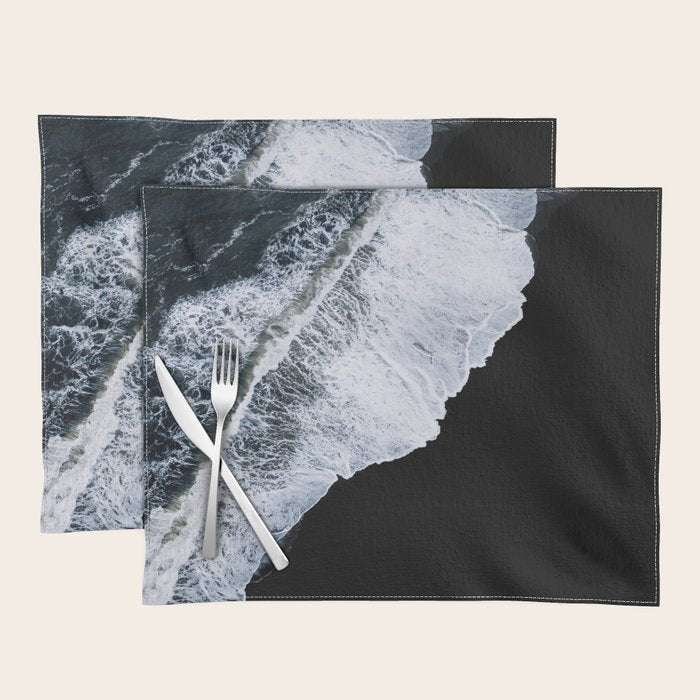 Waves crashing on a black sand beach - Minimal Landscape Photography Placemat Gallery Image 1