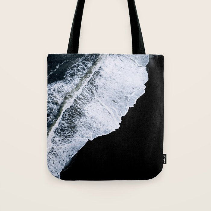 Waves crashing on a black sand beach - Minimal Landscape Photography Tote Bag Gallery Image 1