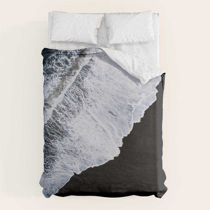 Waves crashing on a black sand beach - Minimal Landscape Photography Duvet Cover Gallery Image 1