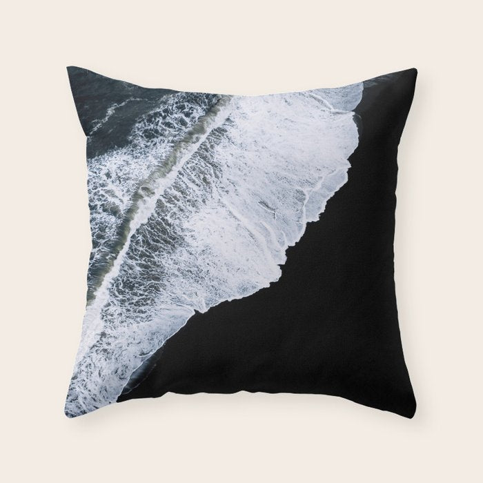 Waves crashing on a black sand beach - Minimal Landscape Photography Throw Pillow Gallery Image 1