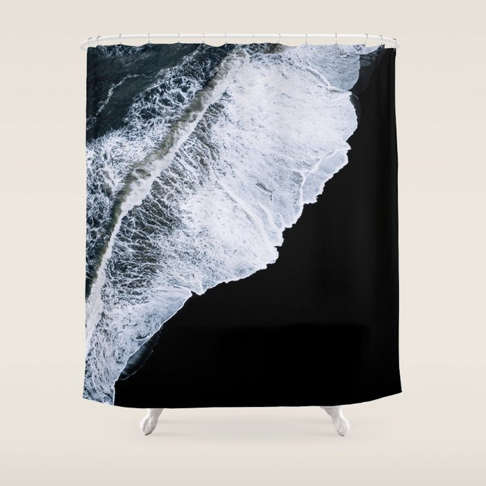 Waves crashing on a black sand beach - Minimal Landscape Photography Shower Curtain Gallery Image 1
