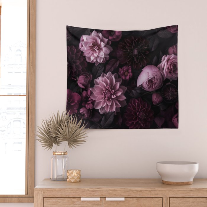 Dark Pink Moody Dahlias And Peonies Wall Tapestry Gallery Image 2