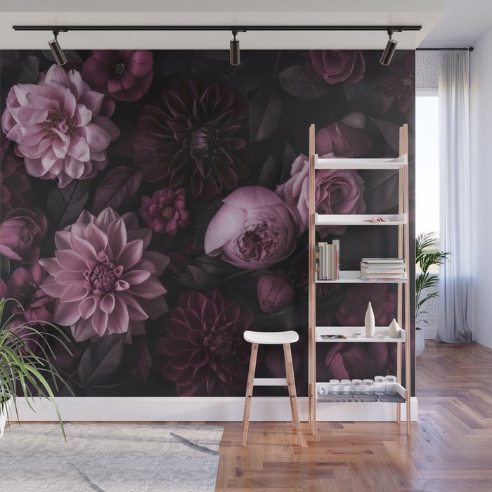 Dark Pink Moody Dahlias And Peonies Wall Mural Gallery Image 1