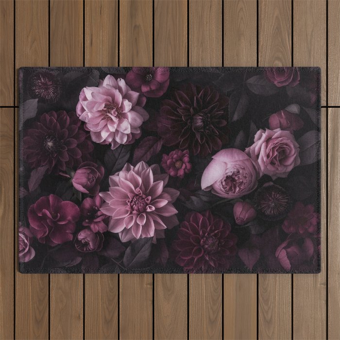 Dark Pink Moody Dahlias And Peonies Outdoor Rug