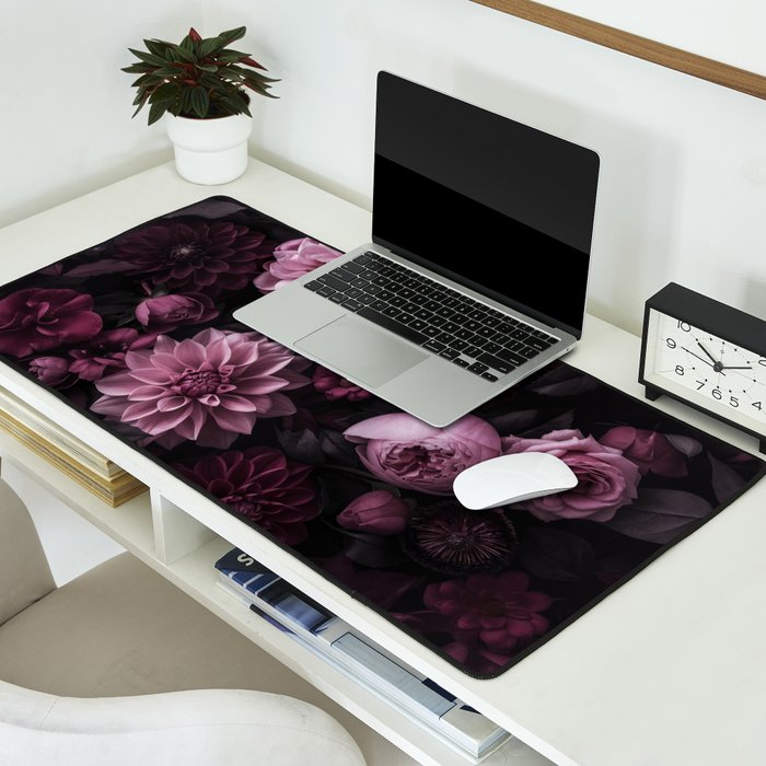 Dark Pink Moody Dahlias And Peonies Desk Mat Gallery Image 2
