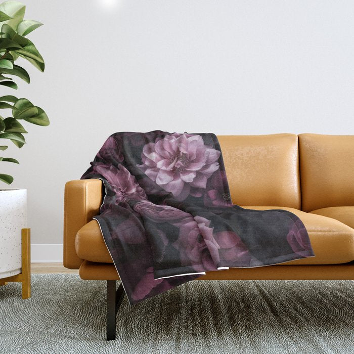 Dark Pink Moody Dahlias And Peonies Throw Blanket Gallery Image 1