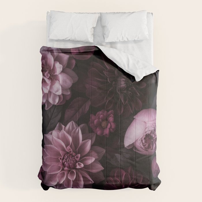 Dark Pink Moody Dahlias And Peonies Comforter
