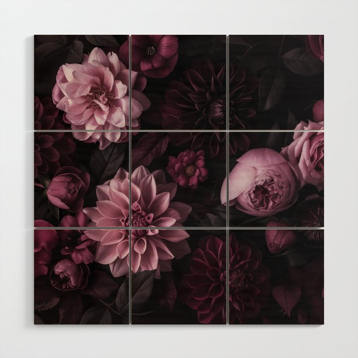 Dark Pink Moody Dahlias And Peonies Wood Wall Art