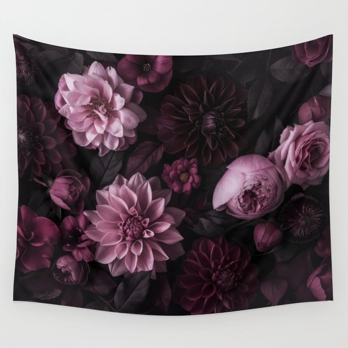 Dark Pink Moody Dahlias And Peonies Wall Tapestry