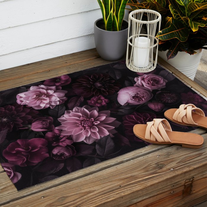 Dark Pink Moody Dahlias And Peonies Outdoor Rug Gallery Image 2