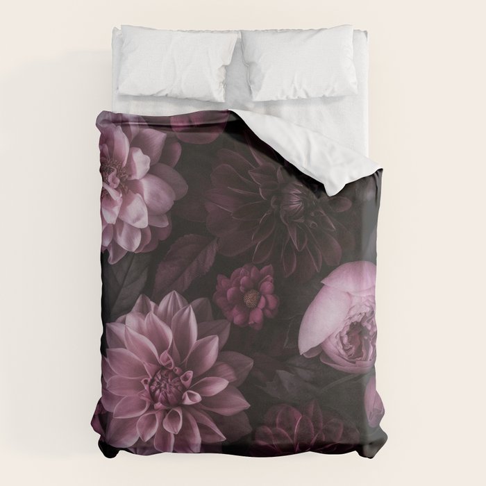 Dark Pink Moody Dahlias And Peonies Duvet Cover Gallery Image 6
