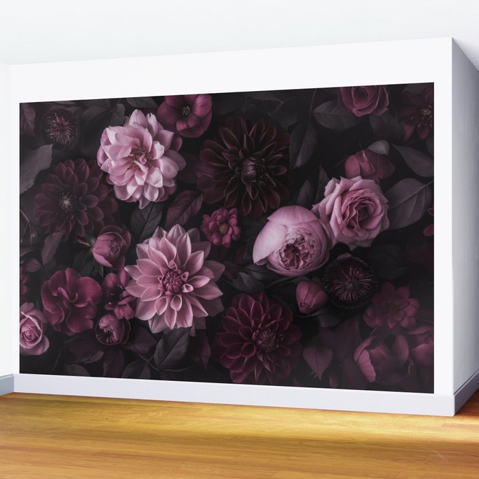 Dark Pink Moody Dahlias And Peonies Wall Mural Gallery Image 2