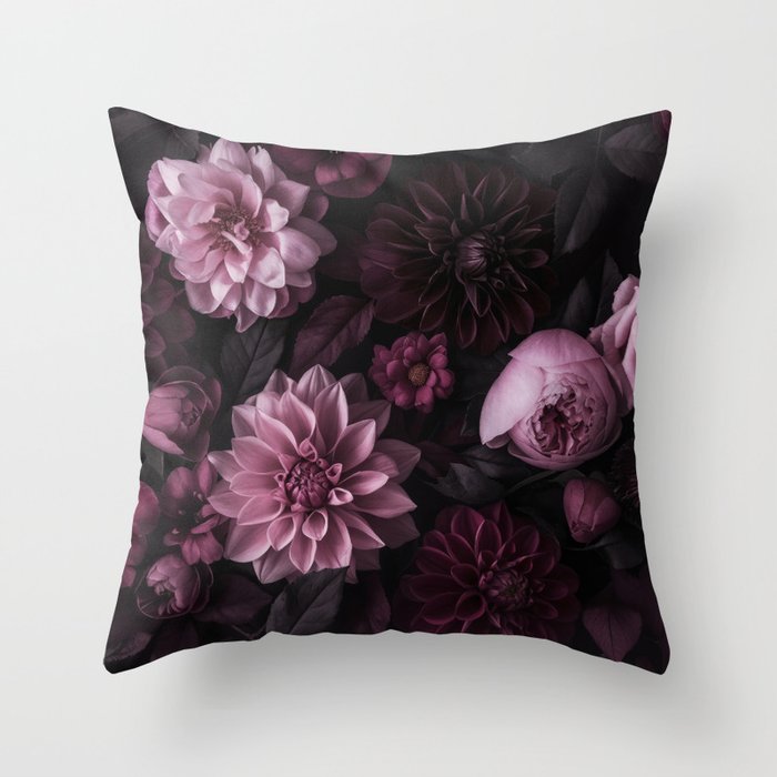 Dark Pink Moody Dahlias And Peonies Throw Pillow Gallery Image 1