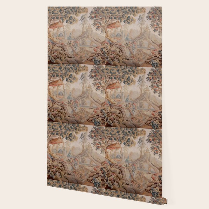 Antique 19th Century French Chinoiserie Verdure Pagoda Tapestry Wallpaper Gallery Image 2