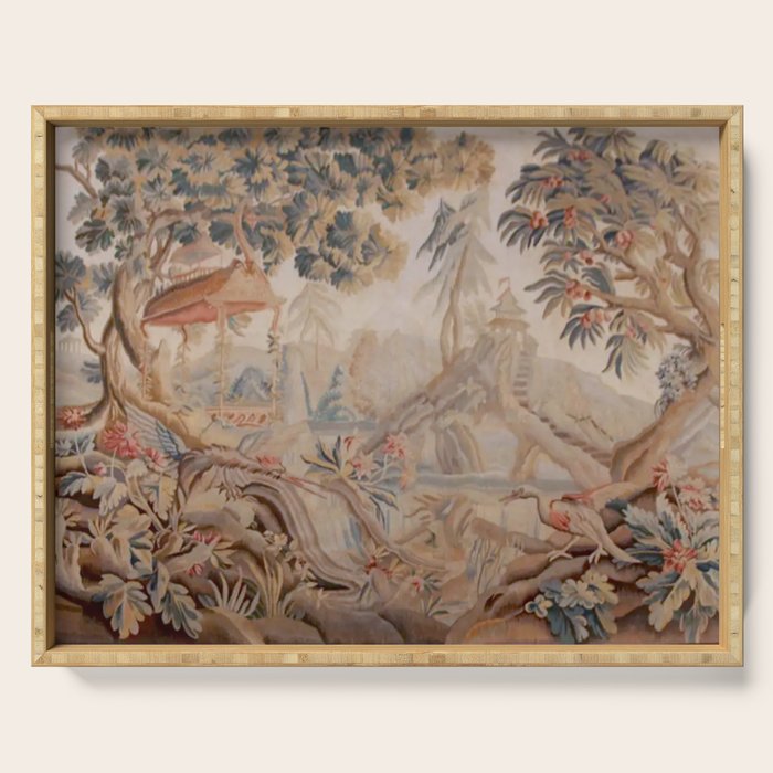Antique 19th Century French Chinoiserie Verdure Pagoda Tapestry Serving Tray Gallery Image 1
