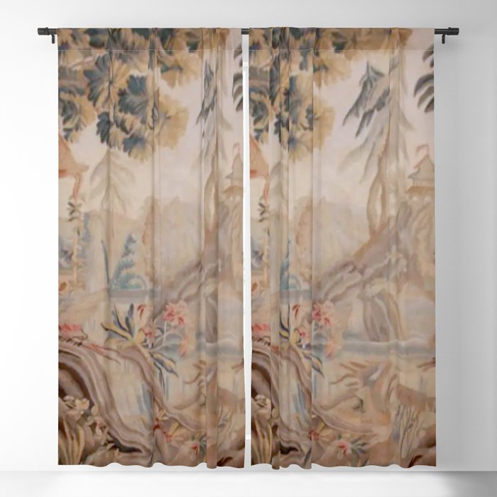 Antique 19th Century French Chinoiserie Verdure Pagoda Tapestry Window Curtain Gallery Image 1