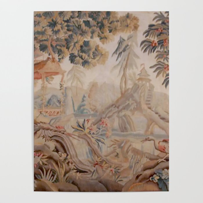 Antique 19th Century French Chinoiserie Verdure Pagoda Tapestry Poster Gallery Image 1