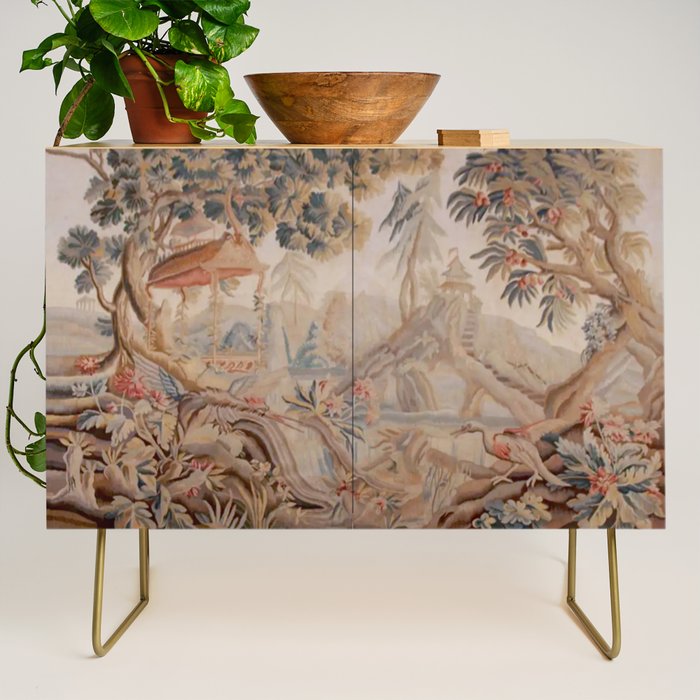 Antique 19th Century French Chinoiserie Verdure Pagoda Tapestry Credenza Gallery Image 1