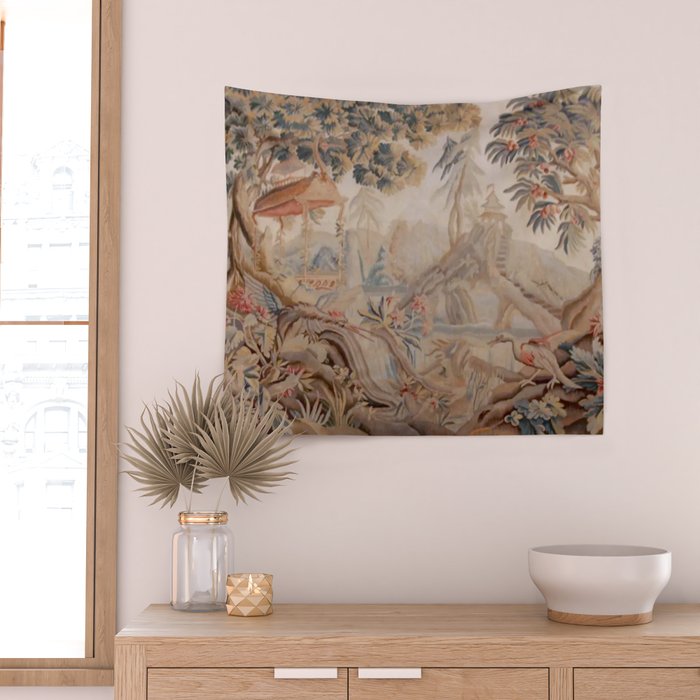 Antique 19th Century French Chinoiserie Verdure Pagoda Tapestry Wall Tapestry Gallery Image 2