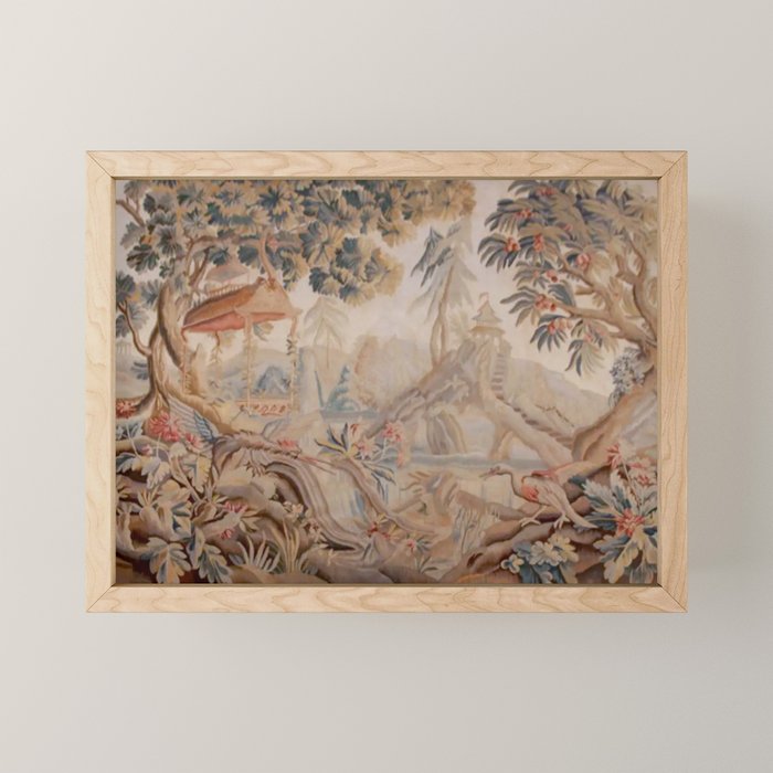 Antique 19th Century French Chinoiserie Verdure Pagoda Tapestry Mini Art Print Gallery Image 1