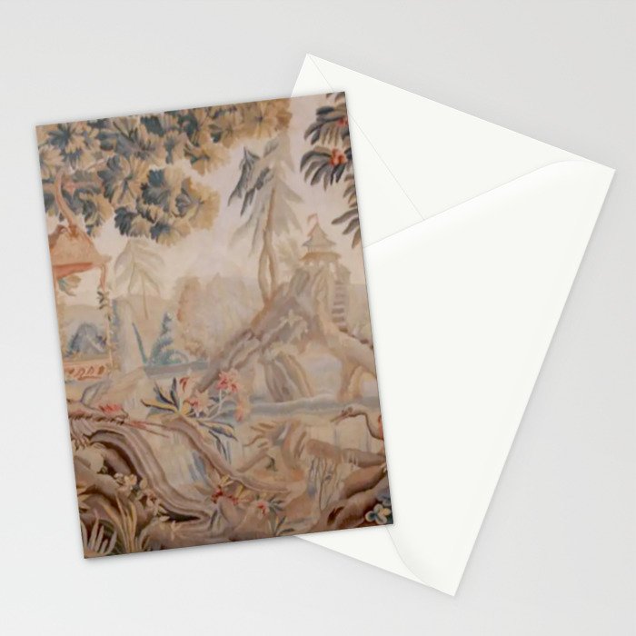 Antique 19th Century French Chinoiserie Verdure Pagoda Tapestry Stationery Card Gallery Image 2