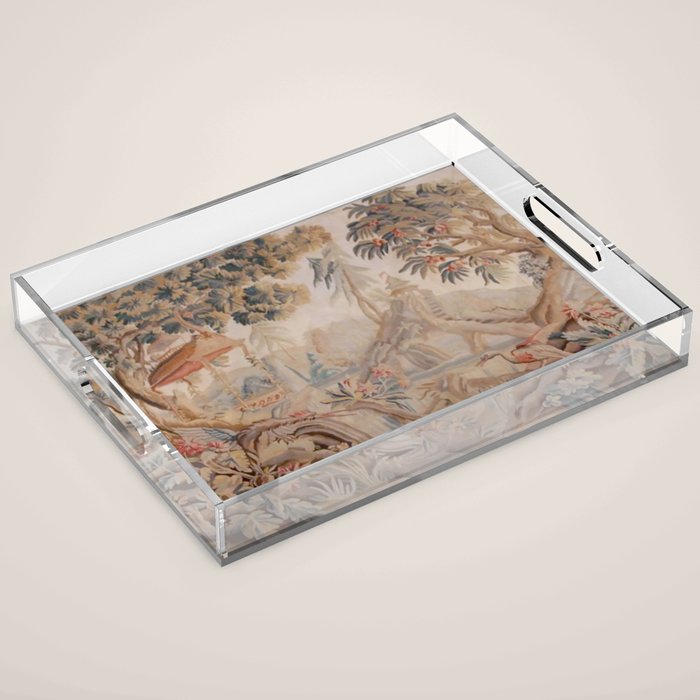 Antique 19th Century French Chinoiserie Verdure Pagoda Tapestry Acrylic Tray Gallery Image 1