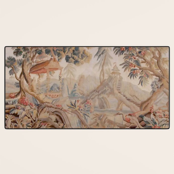 Antique 19th Century French Chinoiserie Verdure Pagoda Tapestry Desk Mat Gallery Image 3